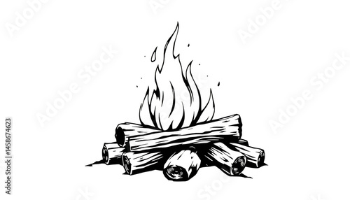Black and white campfire drawing, a monochromatic sketch of rustic outdoor warmth