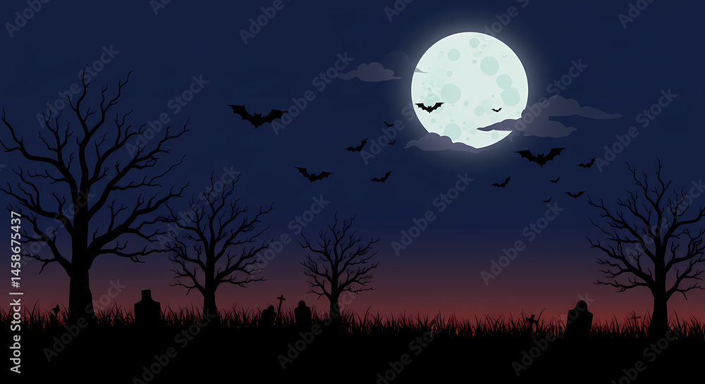 Spooky Halloween Night Background: Full Moon, Bats, and Trees Spooky Halloween Night Background: Full Moon, Bats, and Trees