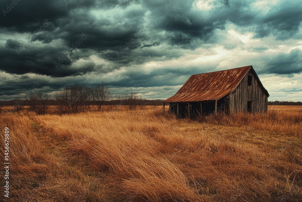Rustic wooden shed in a golden field under a stormy sky. Rustic barn in a vast golden prairie with dark clouds Rustic wooden shed in a golden field under a stormy sky. Rustic barn in a vast golden prairie with dark clouds