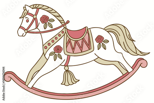 59 Vintage Christmas rocking horse ornament, watercolor illustration, delicate floral details, red and gold accents, tassel, festive decoration, Victorian style, pale wooden horse, intricate saddle de