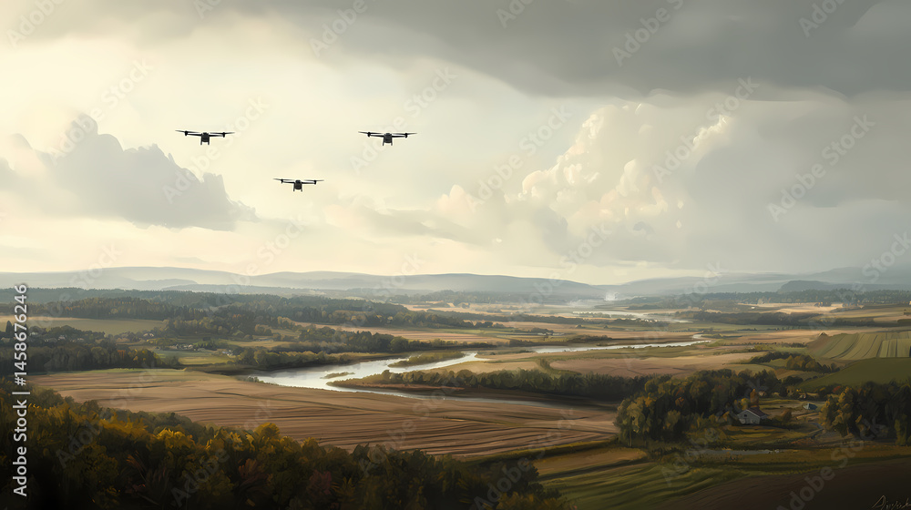 Naklejka premium Three airplanes fly over a vast, scenic landscape with fields, a river, and dramatic clouds under a bright sky.