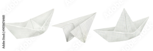A folded paper boat and an airplane from a school notebook. Watercolor illustration. Children's paper toys, origami, isolated on a white background. The theme of childhood, dreams, travel, freedom.