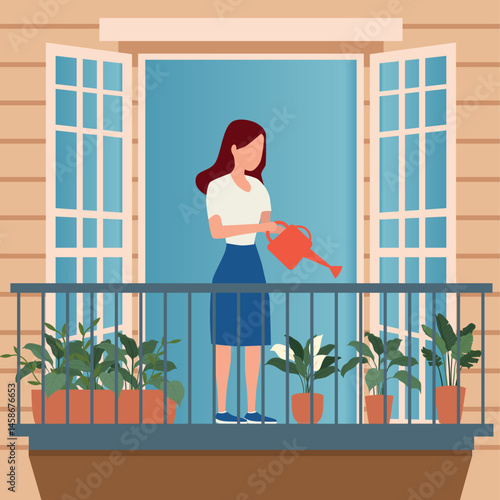 Girl on the balcony watering indoor flowers from a watering can. Home atmosphere and growing plants at home. Vector illustration