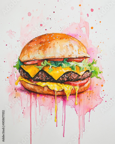 Modern painting of tasty burger, abstract pink wash background with accidental blooms.