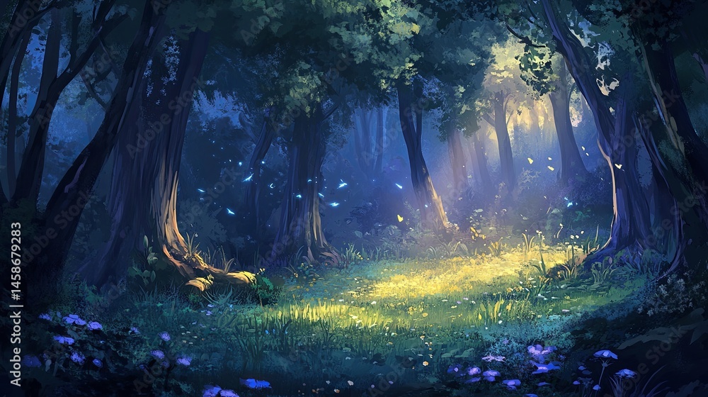 Fototapeta premium A dark forest with a shimmering clearing..