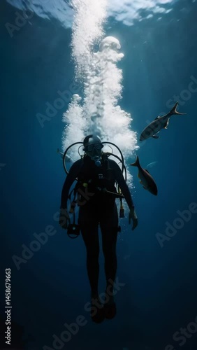 Wallpaper Mural Female Scuba Diver Ascending in Ocean, Bubbles Rising, Underwater Scene Torontodigital.ca