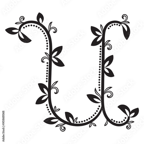 Vintage botanical U formed by elegant black vines and leaves. Perfect for decorative monograms, wedding design, or eco-themed branding.