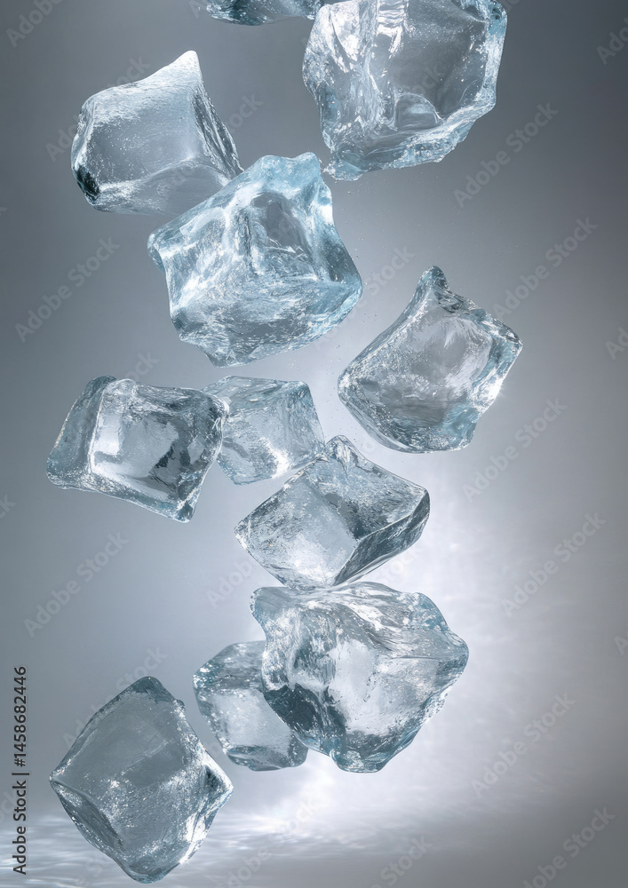 Obraz premium A floating row of sculpted ice cubes glows in sequence, capturing minimalist elegance and melting motion