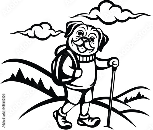 Vintage quality Hiking Dog silhouette vector art, Cute Hiking Dog isolated line art vector illustration, Hiking Dog vector graphics resource design