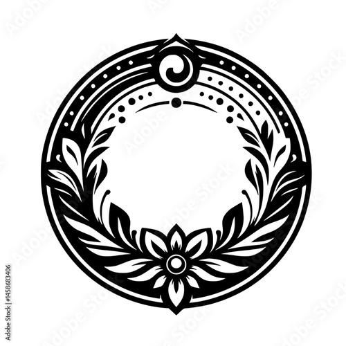 Decorative Floral Circular Frame in Black and White, Vector Design