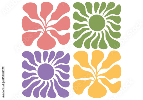 Groovy abstract flower art set. Organic doodle shapes in trendy naive retro hippie 60s 70s style. Contemporary poster and background. Floral botanical vector illustration in different colors.