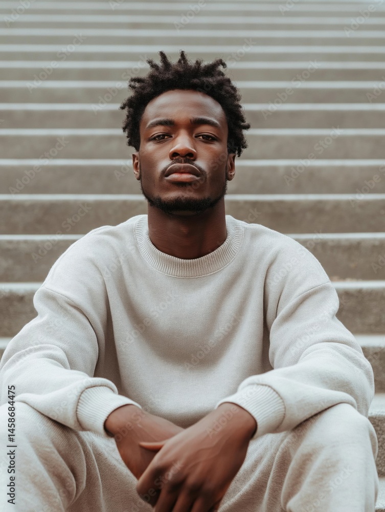 Fototapeta premium Portrait of a young african-american man sitting on a set of stairs. he is wearing a beige sweater and sweatpants, and his hands are resting on his knees.