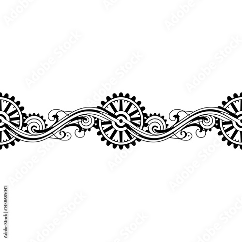 Decorative Steampunk Gear Border in Black on Cream Background