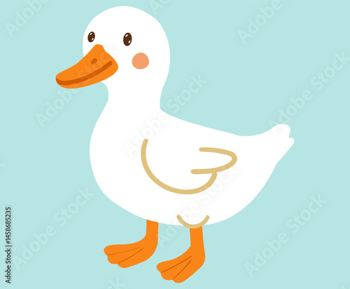 white duck stands tall with an orange beak and burning eyes. Cute simple style hand dawn illustration isolated on blue. bird design for print on clothe paper child things.