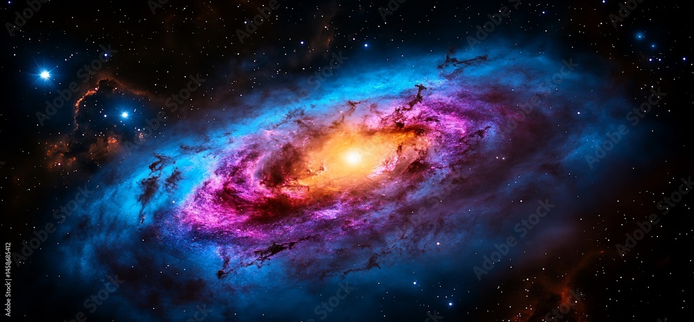 Fototapeta premium Abstract cosmic nebula with swirling clouds and distant stars background