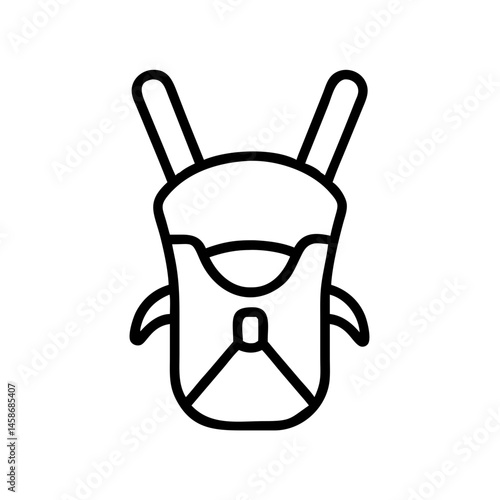 Minimal line art of a baby carrier with shoulder straps, used for hands-free parenting and baby transport.
