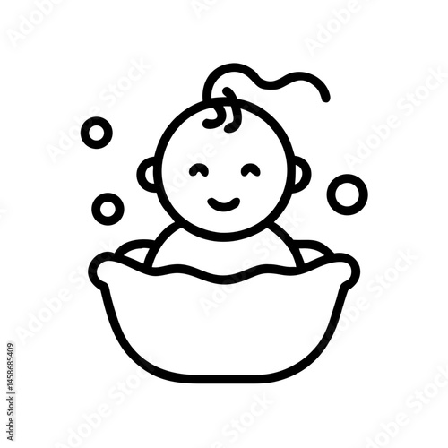 Line drawing of a baby in a tub with bubbles, symbolizing bath time, hygiene, and baby care routines.

