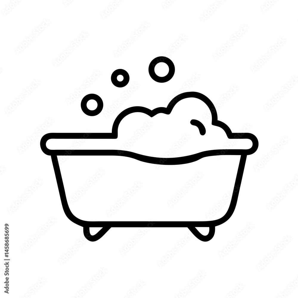 Fototapeta premium Black and white line icon of a bathtub with bubbles, symbolizing bath time, cleanliness, and baby hygiene routines. 
