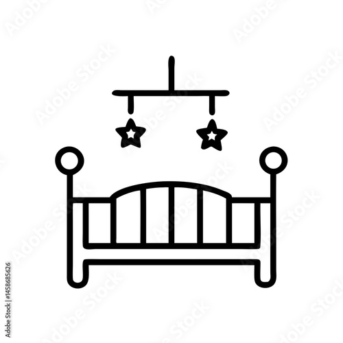 Baby crib icon with hanging mobile stars
