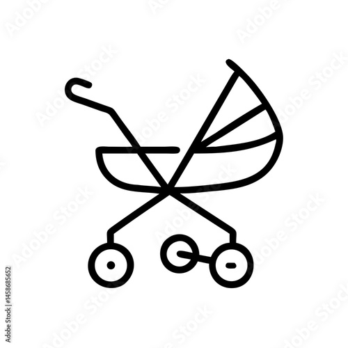 Black and white line icon of a traditional baby stroller with four wheels, symbolizing newborn transport, parenting, and mobility.
