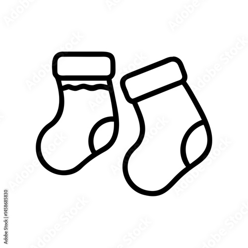 Minimal black and white line icon of two baby socks, symbolizing infant clothing, warmth, and newborn essentials.
