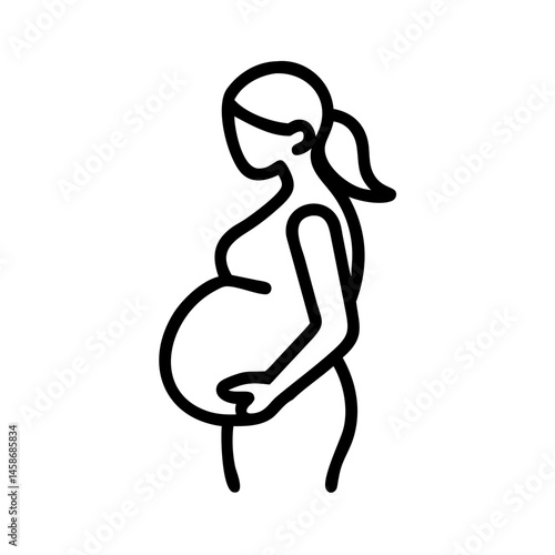 Black and white line icon of a side-view pregnant woman holding her belly, symbolizing maternity, late pregnancy, and motherhood.

