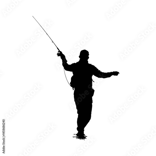 Solid black silhouette of a fisherman casting, Vector Graphic
