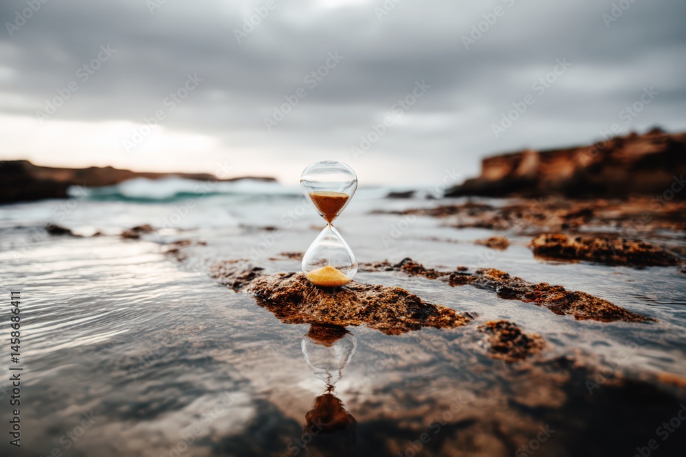 Glass Hourglass on Rocky Shoreline with Ocean Waves Under Dramatic Sky