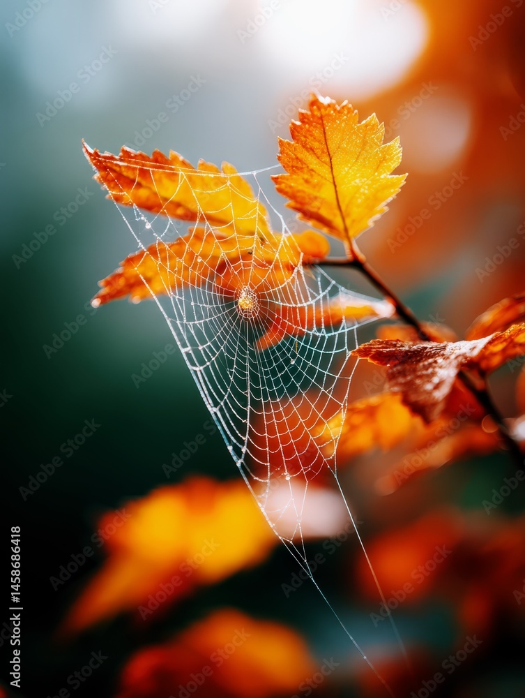 Detailed Spider Web on Autumn Leaves with Morning Light and Dew