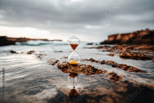 Obraz na płótnie Glass Hourglass on Rocky Shoreline with Ocean Waves Under Dramatic Sky w salonie