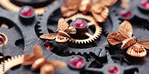 Obraz na płótnie Rose Gold Moths on Clockwork Gears with Red Crystals Steampunk Macro Detail w salonie