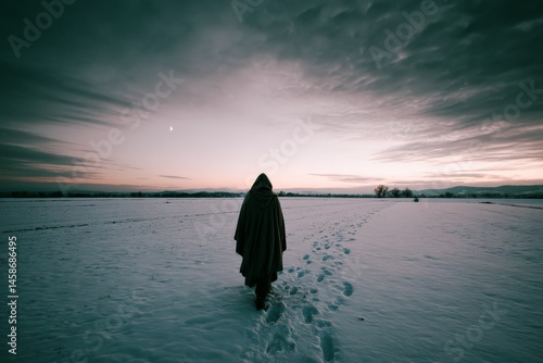 Hooded Figure Walking Alone Across Snowy Field at Dusk