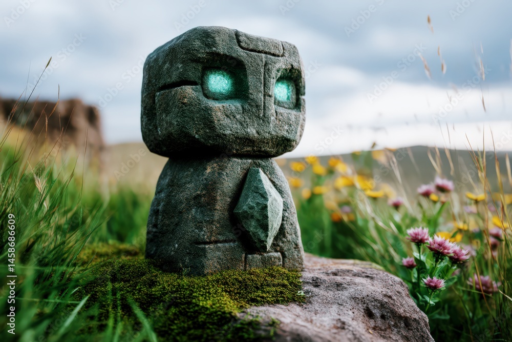Stone Totem with Glowing Eyes and Crystal in Wildflower Meadow Fantasy Scene