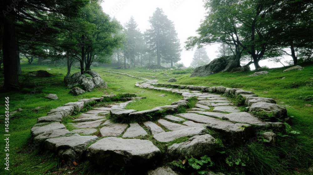 Ancient Stone Spiral Path in Misty Forest Clearing