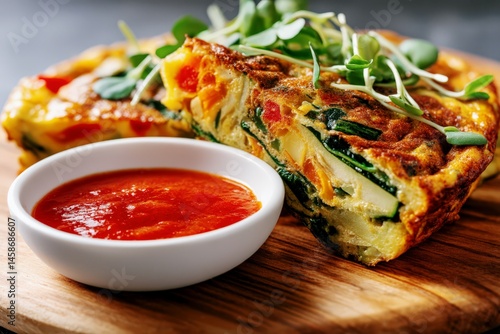 Obraz na płótnie Vegetable Frittata Slice with Microgreens and Tomato Sauce on Wooden Board w salonie