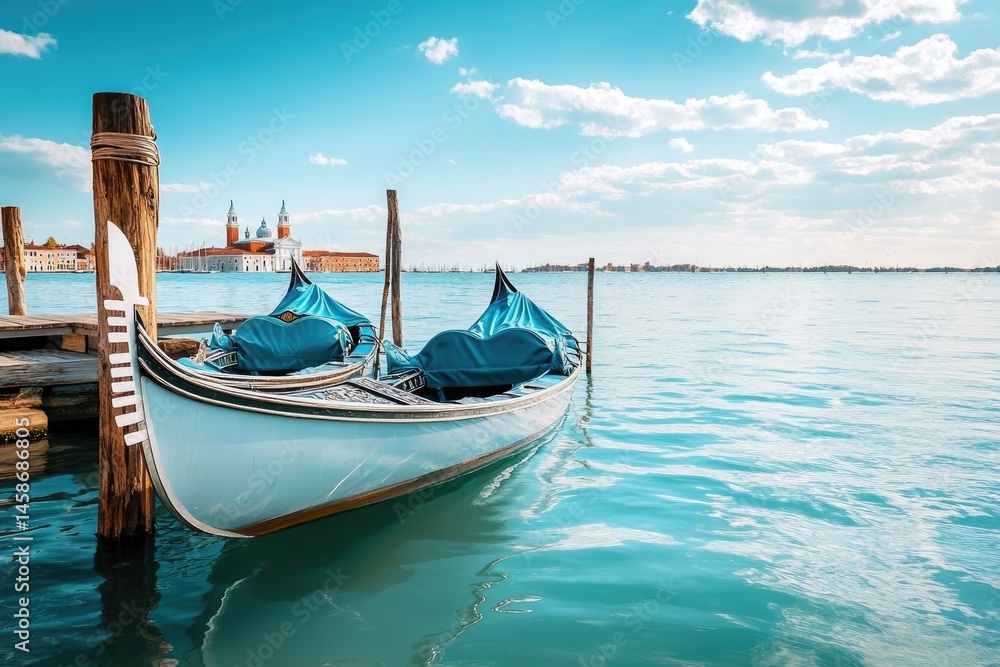 Venetian gondola on a calm lagoon, picturesque cityscape Venetian gondola on a calm lagoon, picturesque cityscape