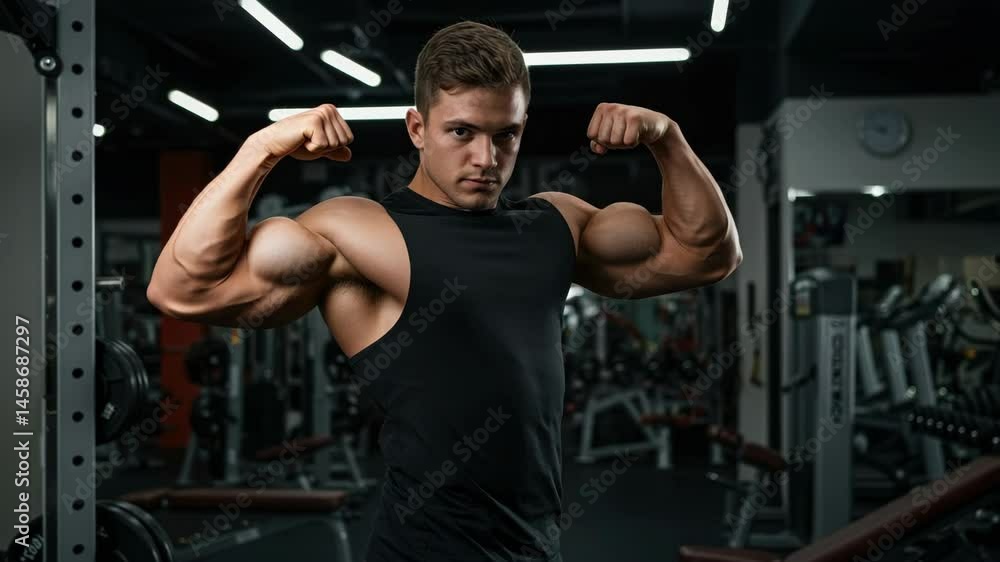 Muscular Man Flexing Biceps in Gym - A muscular man in a black tank top flexes his biceps in a gym setting. The background is slightly blurred Muscular Man Flexing Biceps in Gym - A muscular man in a black tank top flexes his biceps in a gym setting. The background is slightly blurred