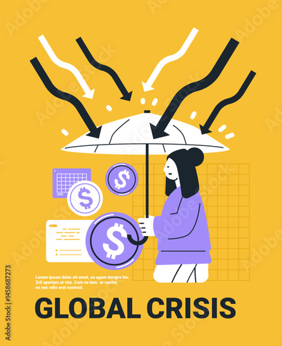 Global crisis trade war tariffs war economic downturn woman shielding with umbrella falling arrows dollar coins charts yellow background