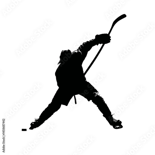 Solid black silhouette of a hockey player slapshot, Vector Graphic