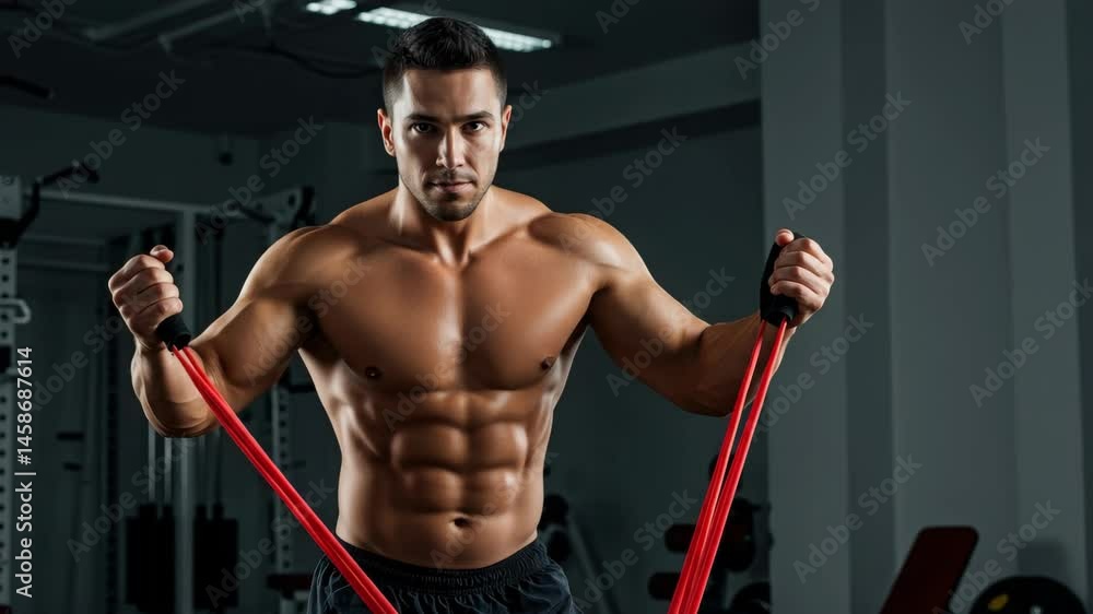 Muscular Man Working Out with Resistance Bands in Gym - A fit Muscular Man Working Out with Resistance Bands in Gym - A fit