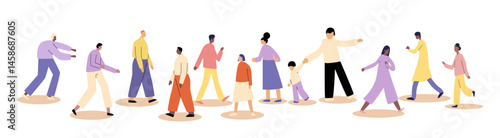 This image does not depict trade war or tariffs war concepts or feature any country flags. It shows a diverse group of people walking in different directions on a white background