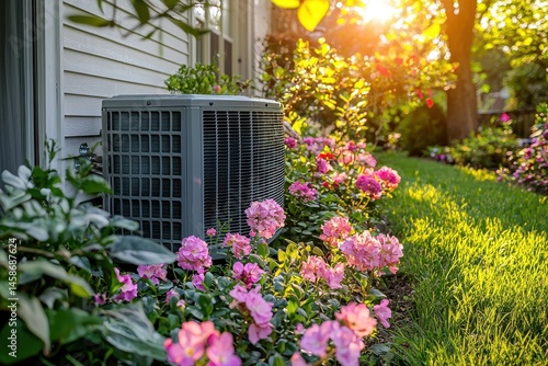 Wallpaper Mural Energy-Efficient Air Conditioning Unit in Lush Garden with Vibrant Pink Flowers and Sunlight Torontodigital.ca