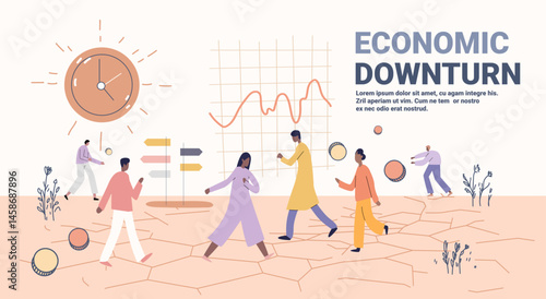 Economic downturn trade war tariffs crisis people walking cracked ground falling graph clock abstract landscape modern flat website banner