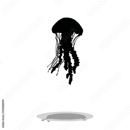Solid black silhouette of a jellyfish floating, Vector Graphic