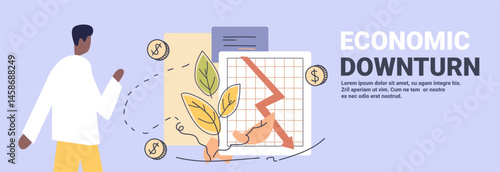 Economic downturn trade war tariffs war concept businessman observes falling chart broken arrow coins dried leaves pastel background website banner