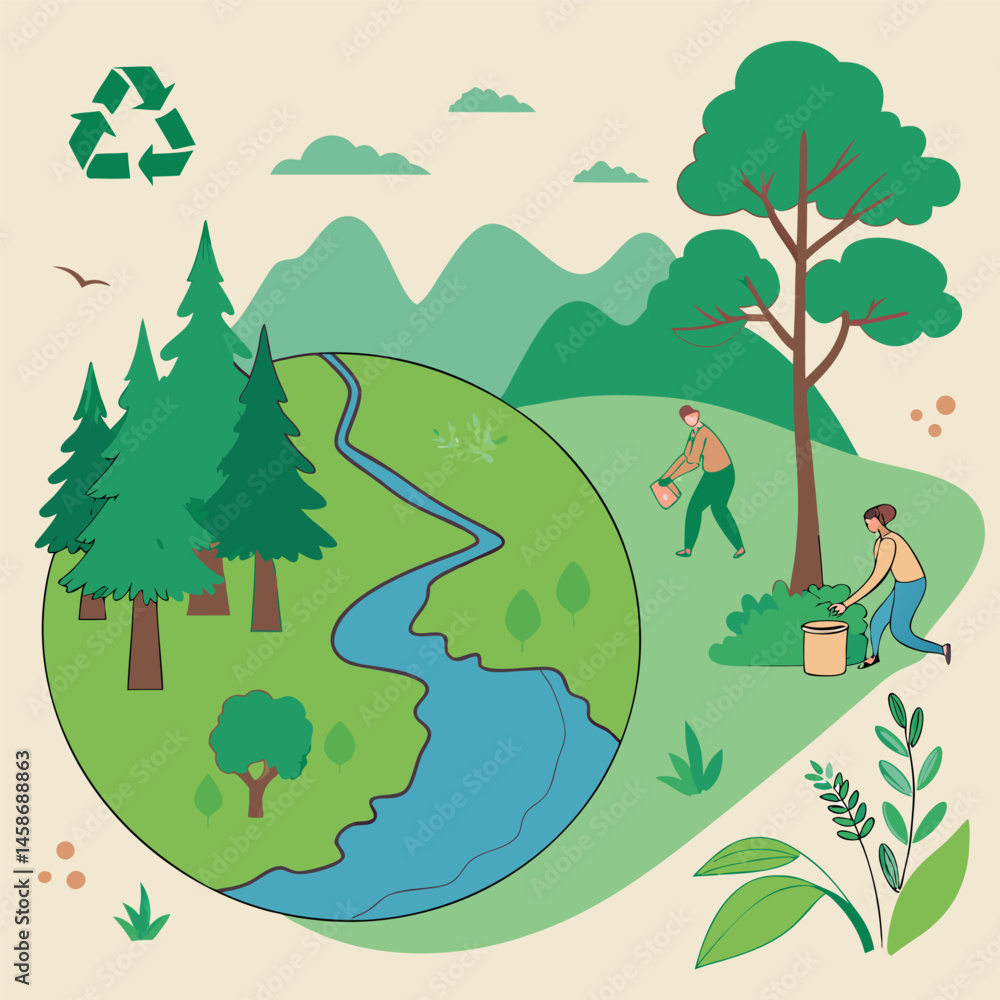 Eco-Friendly Family Planting Trees in Nature Forest Scene Eco-Friendly Family Planting Trees in Nature Forest Scene