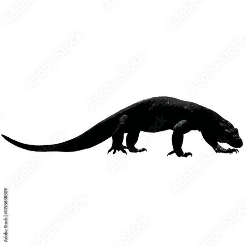 Solid black silhouette of a Komodo dragon stalking, Vector Graphic