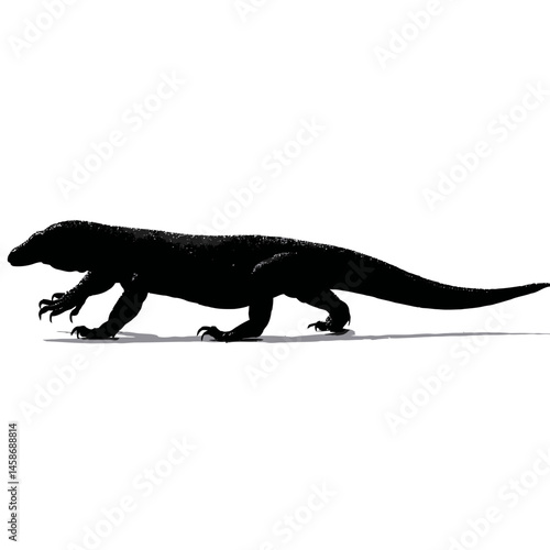 Solid black silhouette of a Komodo dragon stalking, Vector Graphic