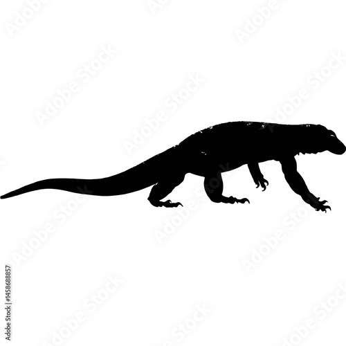 Solid black silhouette of a Komodo dragon stalking, Vector Graphic