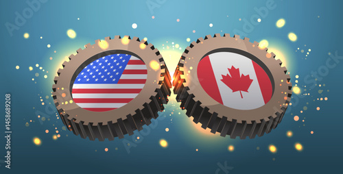 USA Canada trade war tariffs war concept gears with national flags clashing sparks blue background abstract conflict banner